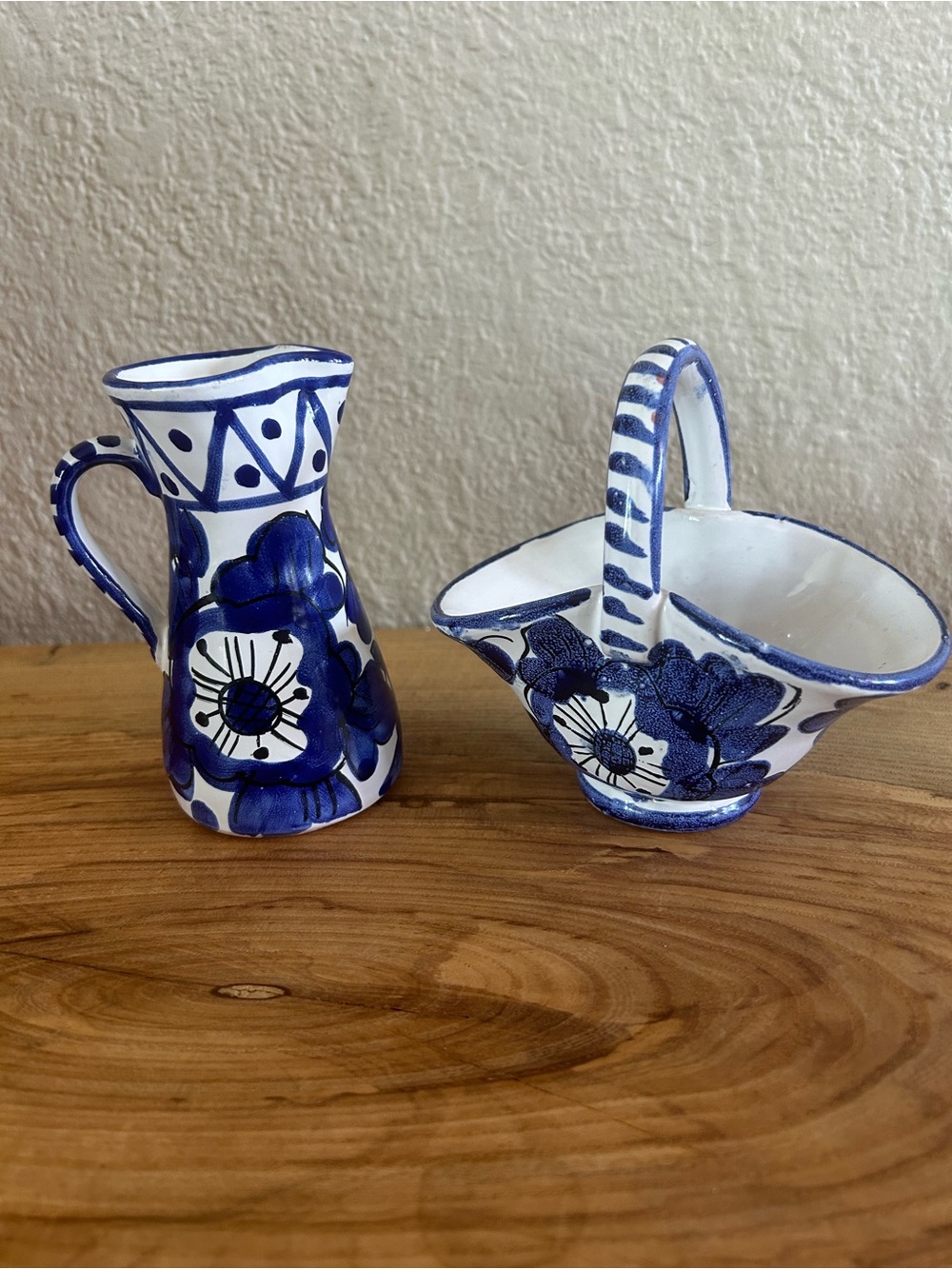 VTG Enesco Italy Blue White Floral Majolica  4.5" Miniature Pitcher & 4” Basket